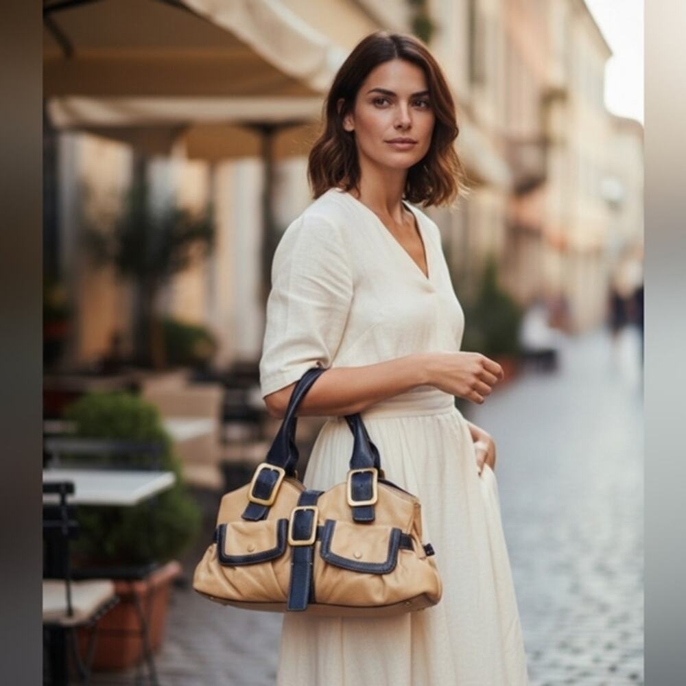 Cole Haan Satchel Shoulder Bag‎ Leather Tan Navy Blue Purse EAST WEST was $500